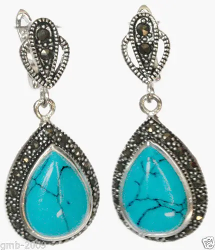 

hot sell new - Hot Sale 925 Sterling Silver Jewelry Blue Turquoise Marcasite Teardrop Earrings