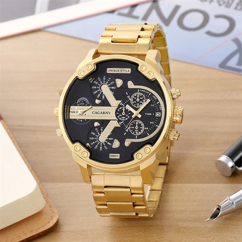 Luxury Brand Watches Men Golden Steel Quartz Watch Male Wristwatch Unique Style Big Dial Men Milita