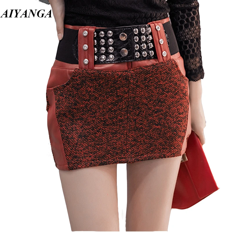 malta Tomar un riesgo social AIYANGA 2018 otoño invierno nuevas mujeres faldas de lana Patchwork PU  faldas moda remache fajas mujer Sexy Falda corta paquete cadera|Faldas| -  AliExpress