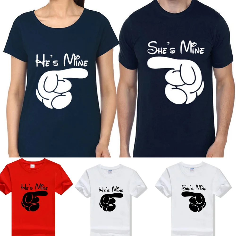 Женская и Мужская модная летняя футболка одежда для влюбленных she's Mine he's топы