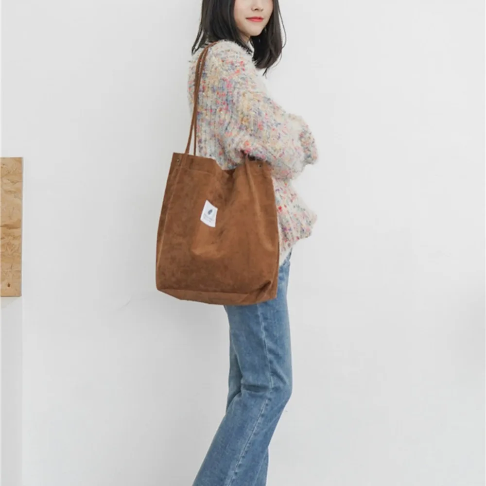 

SWDF High Capacity Women Corduroy Tote Ladies Casual Shoulder Bag Foldable Reusable Shopping Beach Bag dropshipping lower price