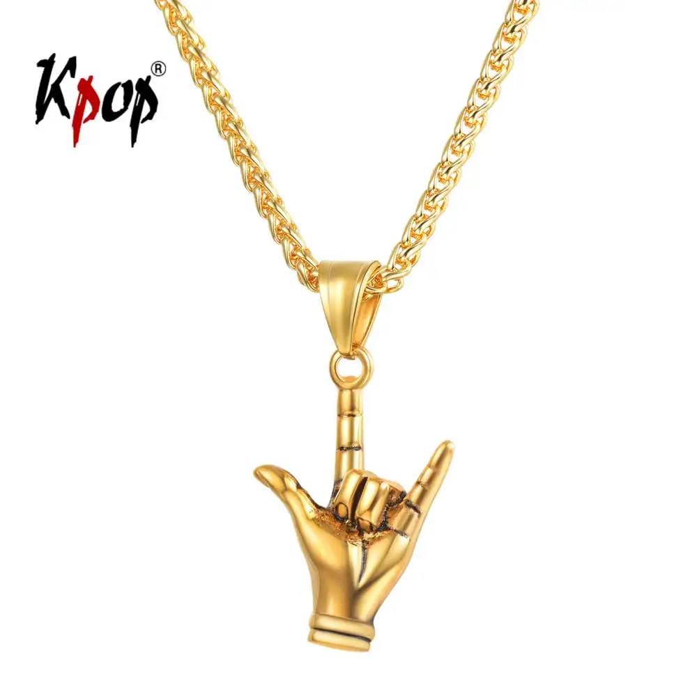 

Kpop Hand Love Gesture Necklace Unisex Jewelry Stainless Steel Gold Color Love Sign Pendant Rock Punk Necklace Men P3236