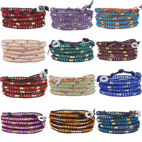 

1pc 12 Birthstone bracelets leather beaded men bracelets Birthday gifts 5 Wrap bracelets for women bijoux pulseira masculina NEW
