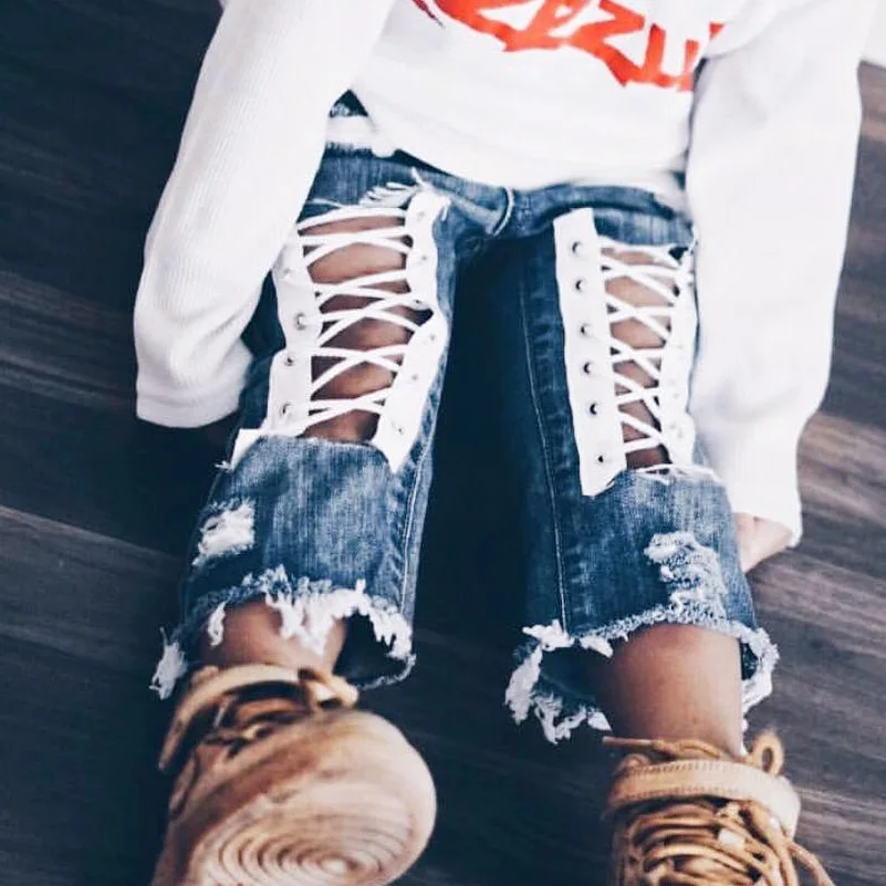 

ANKRT Boys & Girls2018 Children Broken Hole Pants Girl Clothes Baby lace Jeans For Kids Fashion Trousers Autumn Ties Winter