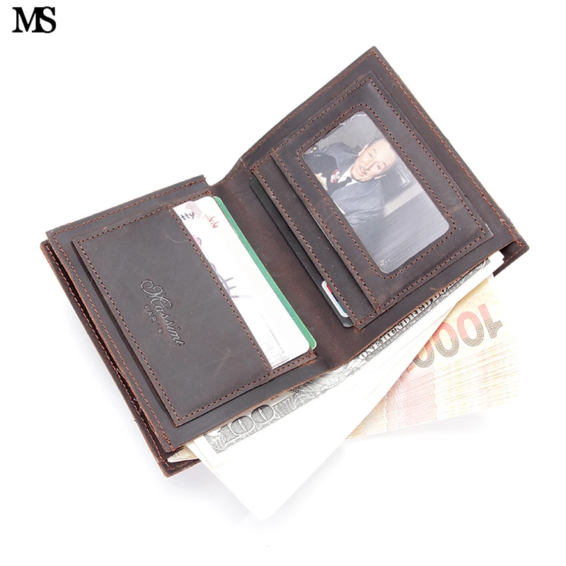 

MS Men's Wallets Brand Design Crazy Horse Cowhide Leather Male Clutch Wallets Photo Holder Card Holders Coffee Q373