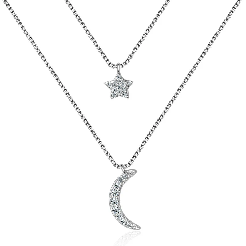 

Top Quality Charm Hollow S925 Star&Moon Rhinestones Crystal Pendants&Necklaces for Women Girl Sweater Chain Fashion Jewelry Gift