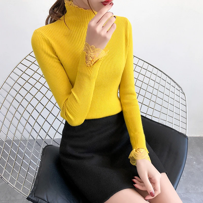 High Elastic Knitted Sweater Women 2018 Autumn Winter Lace Patchwork Long Sleeve Women Sweaters And Pullovers Female Pull Femme