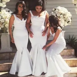 Белый 2019 дешевые платья подружки невесты до 50 Русалка v-образным вырезом атласные Длинные свадебные платья для женщин