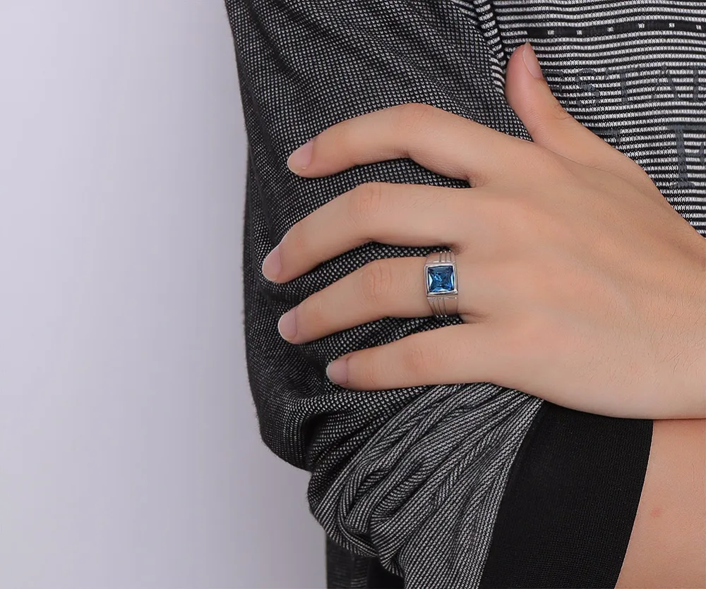 Fashion Mens Rings Stainless Steel Statement Ring with Rectangle Blue Stone Wedding Band Fashion Jewelry anel masculino 114