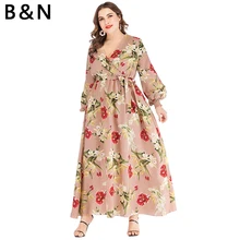 B & N XL-6XL Çiçek Baskı Elbise kadın elbisesi Yaz uzun elbise Ayak Bileği Zemin Çiçek V Boyun Tek Parça Sashes Uzun Kollu XXXXXXL Boyutu
