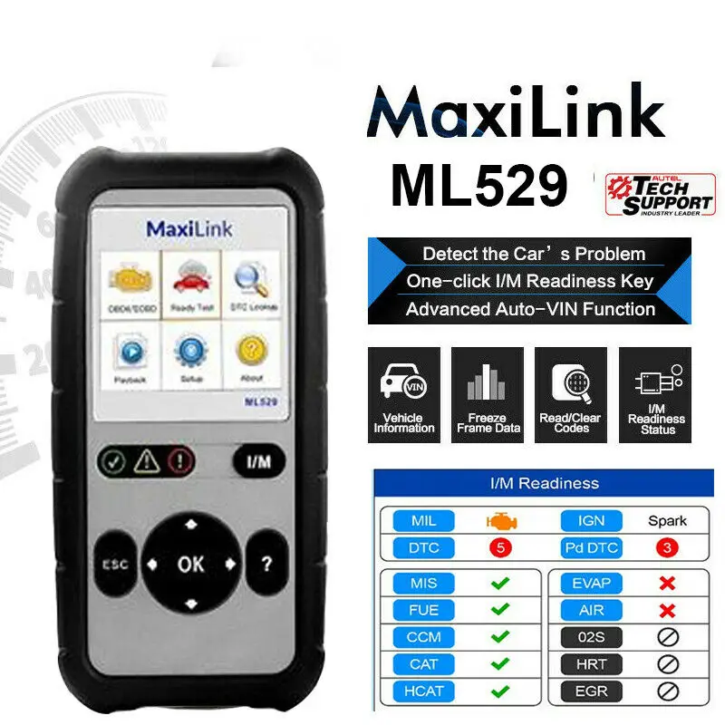 

Autel MaxiLink ML529 OBD2 Scanner Diagnostic Tool OBDII OBD OBD2 Auto Check Engine Light DIY Fault Code Reader As AL529 PK AL519