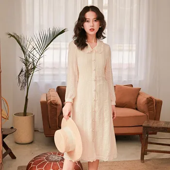 

Embroidery Full Sleeve Women Dress Preppy Style Vintage Dresses Lace Elegant Peter Pan Collar Lovely Woman Cloth Single Breasted
