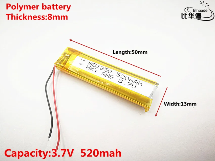 

Good Qulity 3.7V,520mAH,801350 Polymer lithium ion / Li-ion battery for TOY,POWER BANK,GPS,mp3,mp4