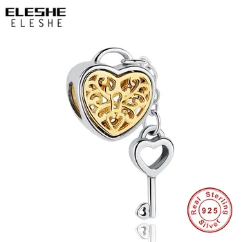 

ELESHE 925 Sterling Silver Bead Gold Family Locket Key & Heart Charms Fit Original Bracelet Necklace DIY Jewelry Making