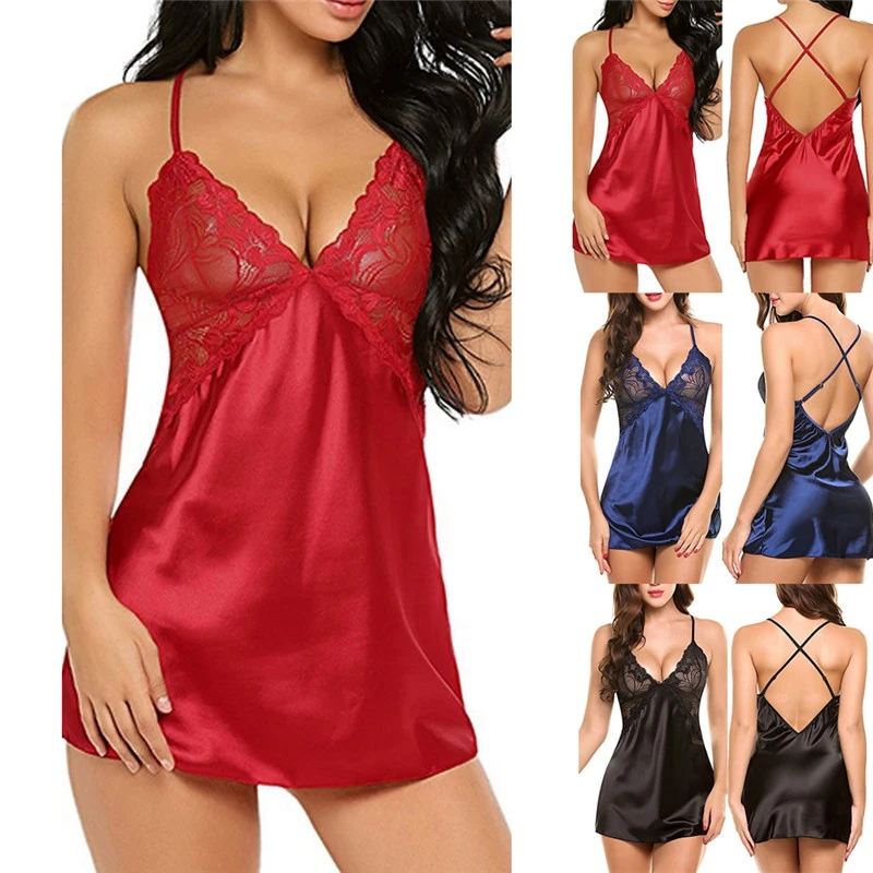 

Women Short Satin Backless Sleepwear Ladies Exotic Sexy Lingerie Sleepdress Babydoll Nightdress Nightgown Sleepshirts Homewear