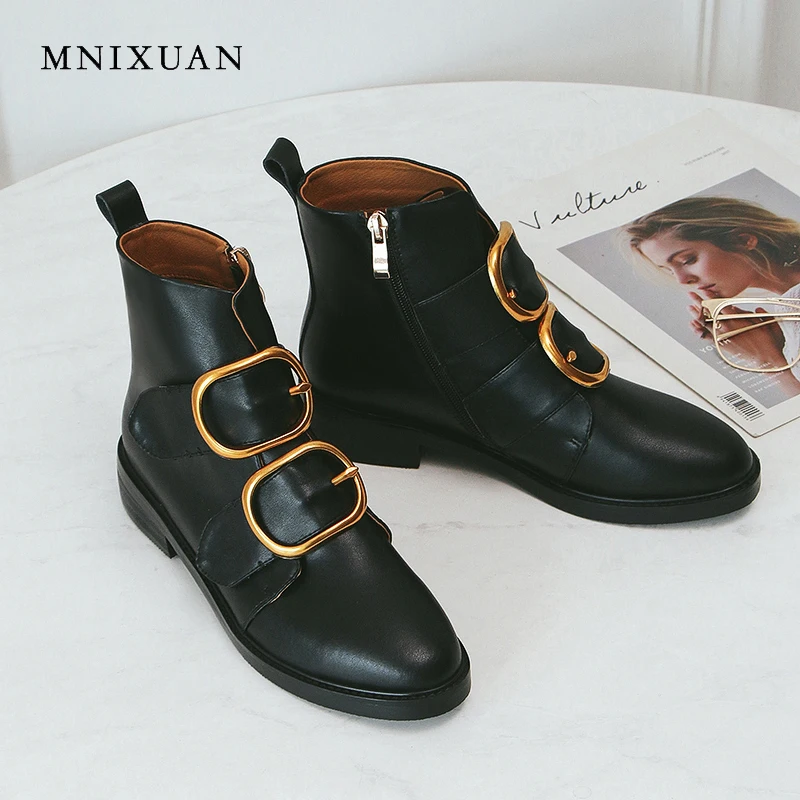 

MNIXUAN brand women shoes ankle boots ladies motorcycle martin boots 2018 winter cowhide medium heels zipper short boots black