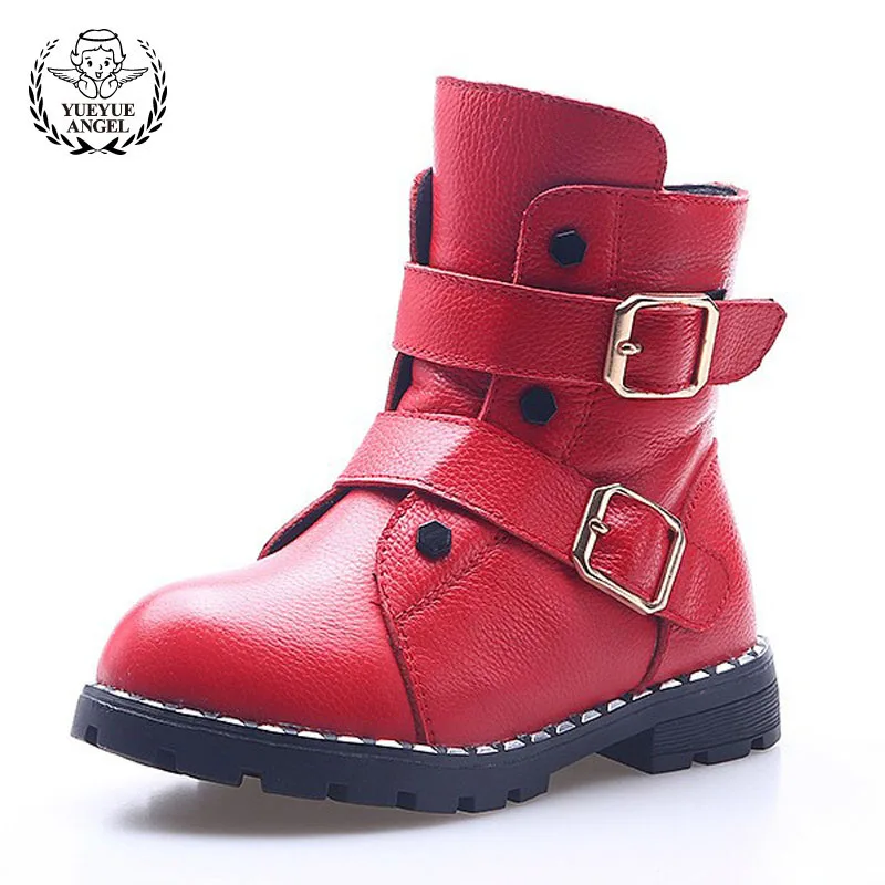 

Brand Girl Fashion Buckle Rivet Ankle Boots Kids School Leather Shoes Antiskid Platform Fleece Lining Snow Boots Shoes For Girls