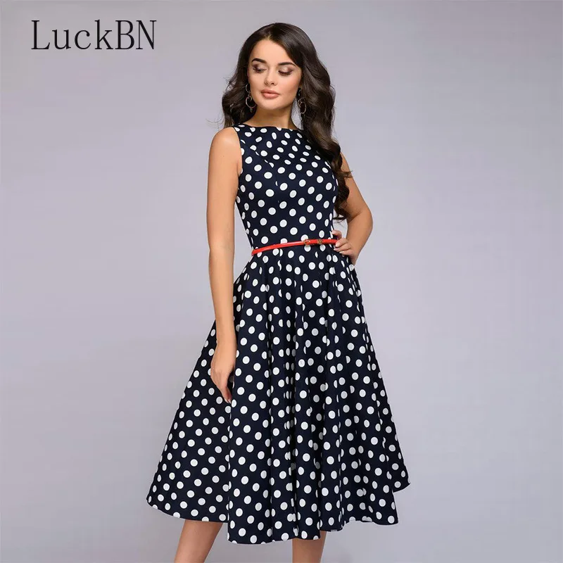 

New Women Summer Dress Sleeveless Polka Dot Print Dress O Neck Retro Vintage Dresses Knee Length Party Vestidos De Festa Female