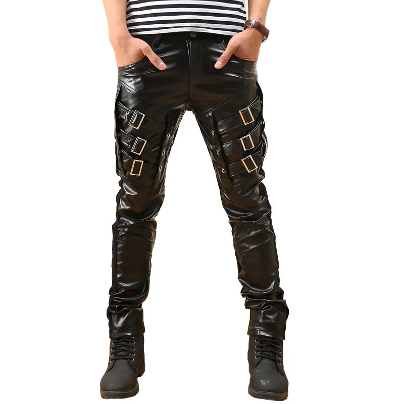 

2019 New Mens Personality Trend Casual Punk Style Button Decoration PU Spliced Leather Pants Tide Male Nightclub Slim Trousers