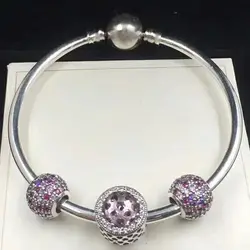 Новый 100% Серебро 925 пробы 791261 ACZMX розовый и фиолетовый шар с гравировкой серебряный шарм сияющее сердце, Crystal Clear браслет