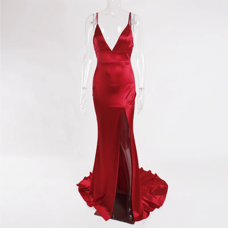 Новые Вечерние платья стрейч с глубоким v-образным вырезом и высоким разрезом, сатиновое облегающее летнее платье в пол с открытой спиной, длинное Клубное платье без рукавов - Цвет: Красный