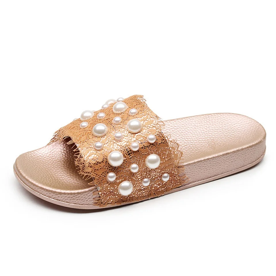 

Women's Slippers Summer Fashion Pearl Decoration Lace Open Toe Sandals Comfortable Casual Shoes Women Slippers