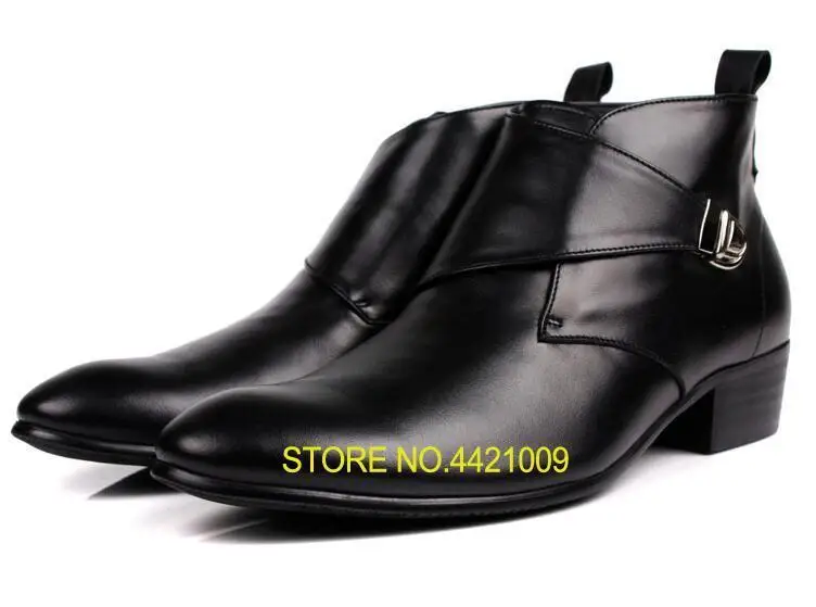 

Ankle boots men slip on chunky high heels dress shoes pointed toes genuine leather male high top casual shoes buckle strap boots