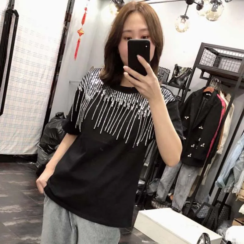 

YingYuanFang Spring and summer new super fire cute heavy work sequins printed velvet net red T-shirt