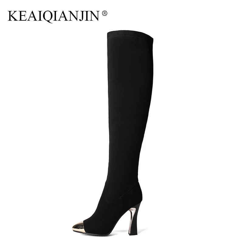 

KEAIQIANJIN Woman Genuine Leather Over The Knee Boots Black Autumn Winter Red High Heeled Shoes Metal Decoration Knee High Boots