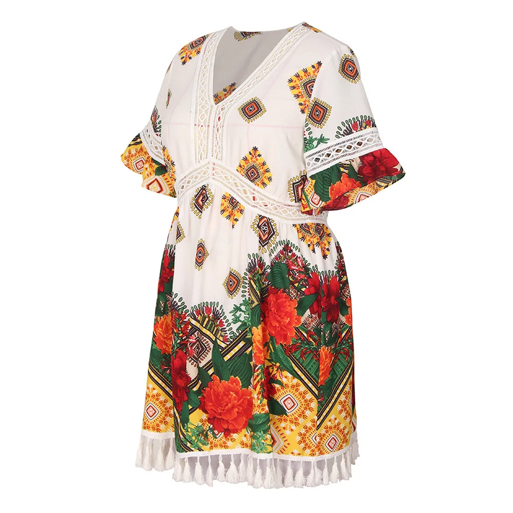 Plus Size Women Summer Dress Bohemian Floral Print Tassels Short Sleeve Dress Vintage Women V-Neck Beach Dresses roupas feminina