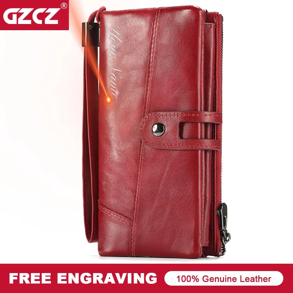 

GZCZ RFID Women Wallet Clutch Genuine Leather Zipper Wallets Lady Organizer Cell Phone Clutch Bag Long Coin Purse Free Engraving