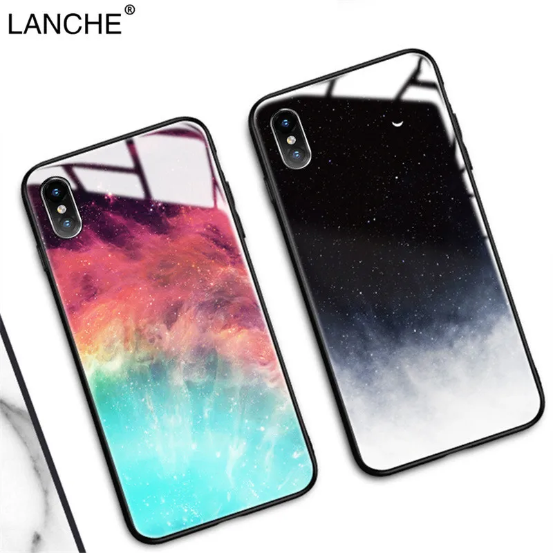 

LANCHE Luxury Sky Marble Phone Case For iphone X XS Max Case For iPhone 6 6s 7 8 Plus Tempered Glass Hard Phone Back Cover Coque