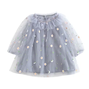 

lovely yellow grey sheer long sleeves lace flower girl Flower daisy dresses organza gown for baby birthday party