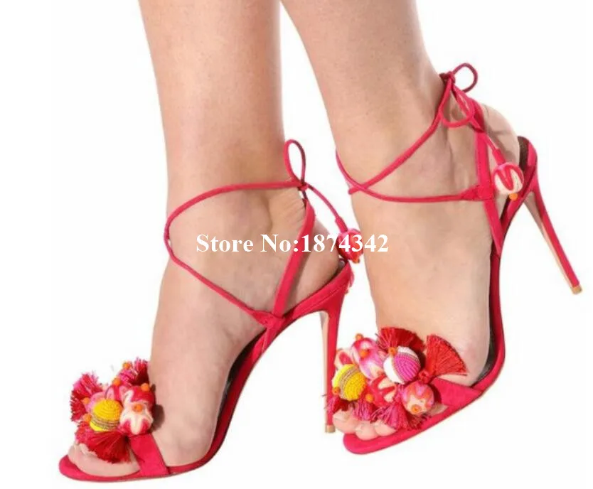 

Fashion Newest Mixed Color Flower Sample Sexy Thin High Heel And Open Toe Lace-up Shoes Party Women Sandals Two Color