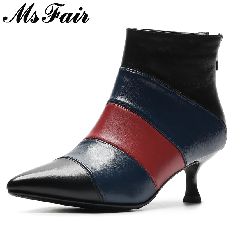 

MSFAIR Women Boots 2018 Fashion Pointed Toe Thin Heels Ankle Boots Women Shoes Med Heel Mixed Colors Zipper Boot Shoes For Girl