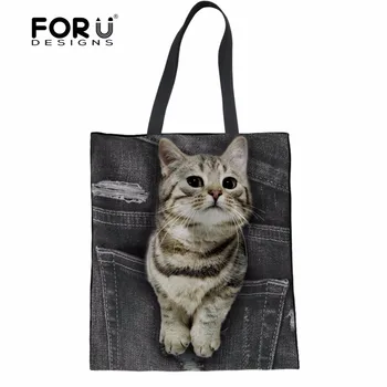 

FORUDESIGNS Denim 3D Cute Animal Cat Printed Luxury Women Handbag Large Tote Shoulder Messenger Bags for Ladies Linen Bags Woman