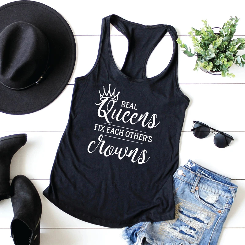 

Vest Real Queens Fix Each Other's Crowns Tank Tops Stylish Women's Racerback Yoga Tank Summer Graphic Slogan Black Workout Shirt