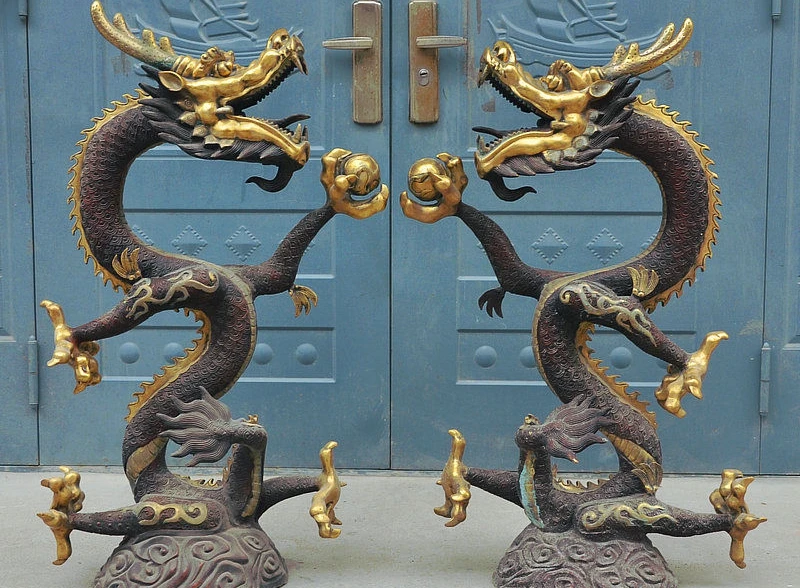 

41 RARE China FengShui Bronze Gilt Auspicious Stand Dragon Hold Ball Statue Pair