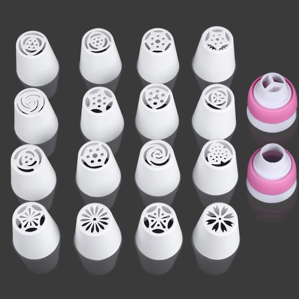 18PcsSet Easy Rose Icing Piping Russian Nozzles 16Pcs Nozzles+2Pcs Adaptor Converter Baking Decoration Cream Presser Pastry Tip2