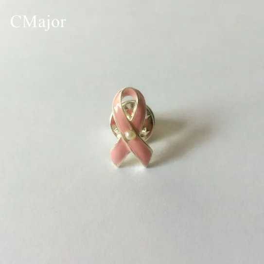 

1x2cm Plastic Gift Box With Imitation Pearl Small Enamel Pink Ribbon Lapel Pins Badge Brooch For Women Breast Cancer Awareness