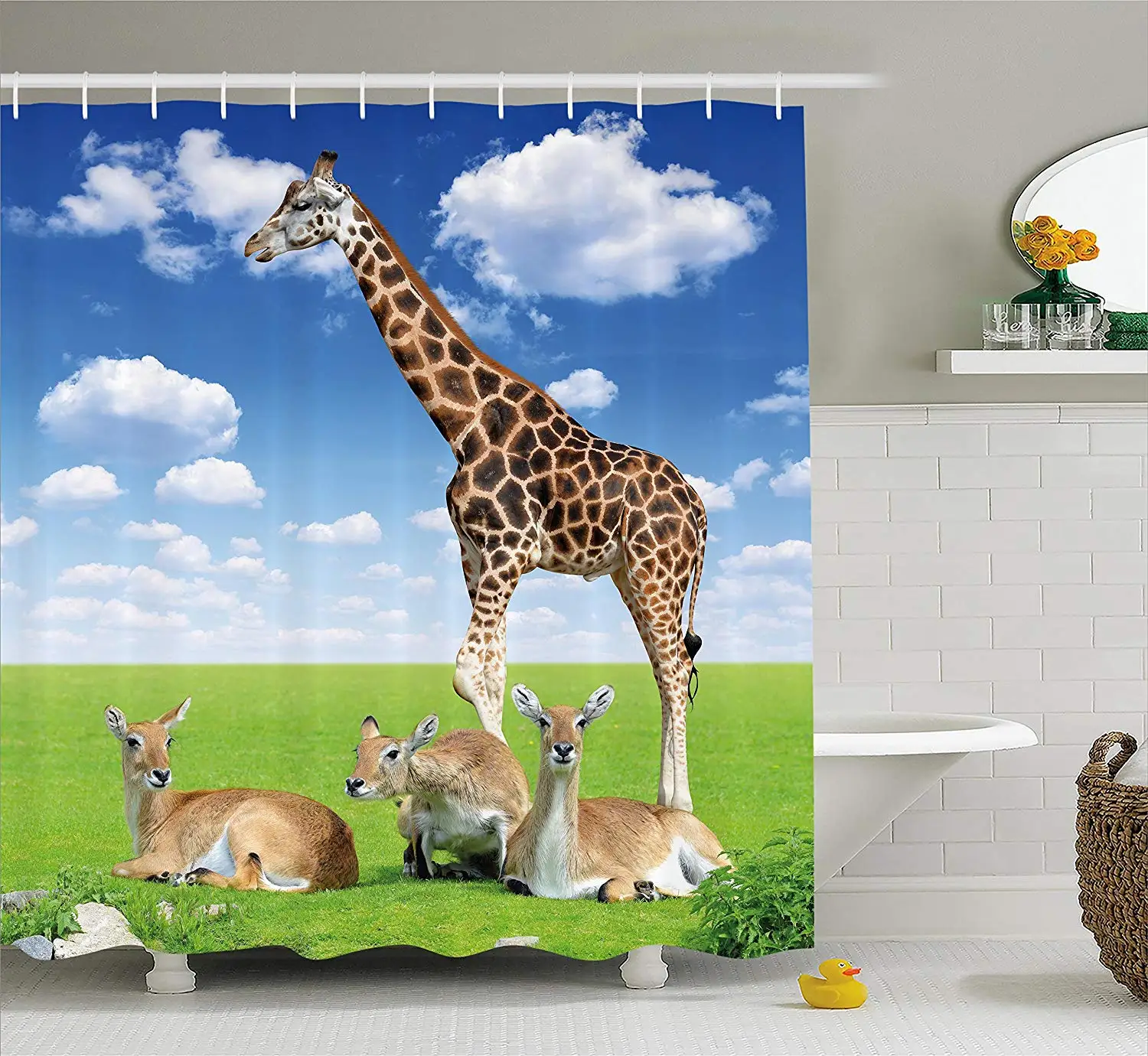 Giraffe Shower Curtain Antelope and Giraffe on Green Meadow Zoo African