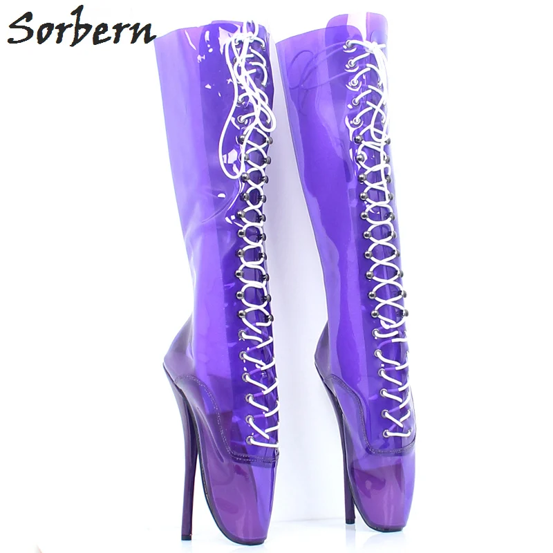 Sorbern/женские сапоги до колена из прозрачного ПВХ, балетные туфли на высоком каблуке, на шнуровке, цвета на заказ, пикантные Фетиш-сапоги