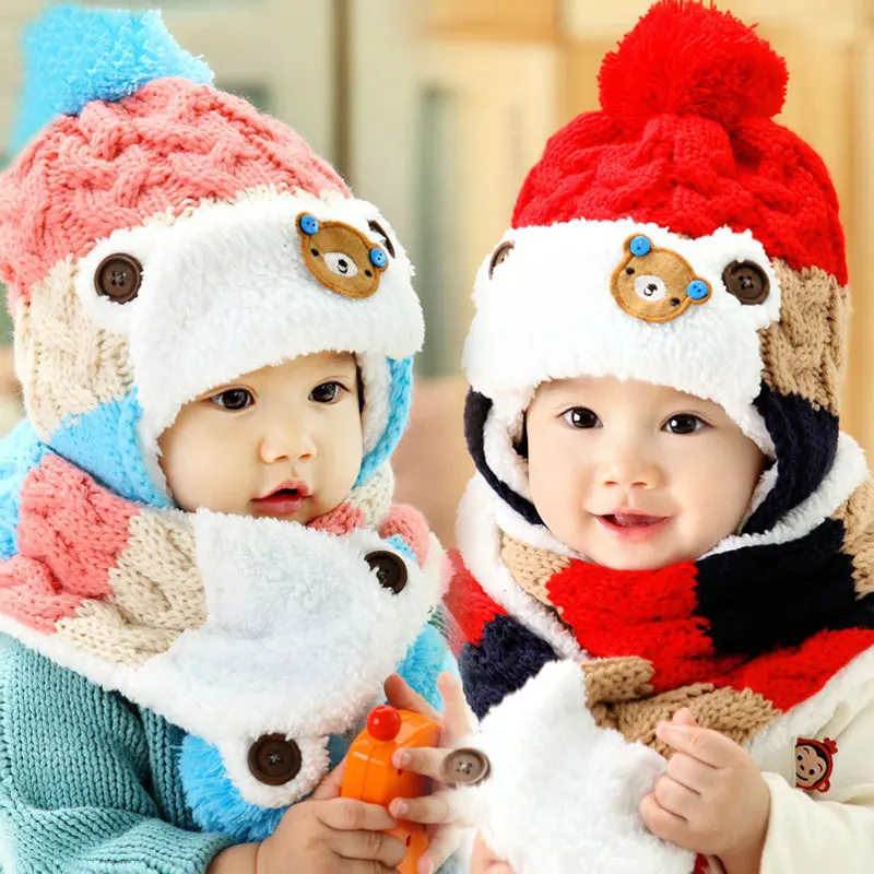 

Baby Hat Scarf Set Cute Bear Patchwork Warm Earmuffs Beanie Bobble Hat Child Kids Knit Cap and Scarves Winter Warm Set MZ2257