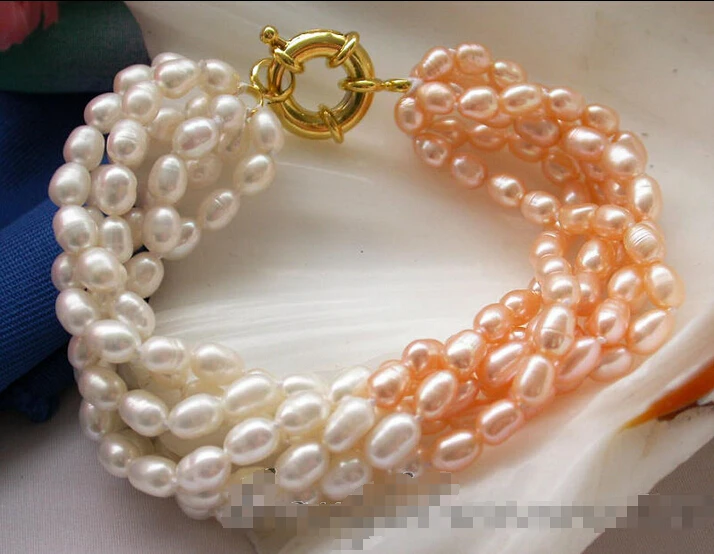 

z4379 6row 8" 9mm pink white rice freshwater cultured pearl bracelet@^Noble style Natural Fine jewe SHIPPING new >>free shipping