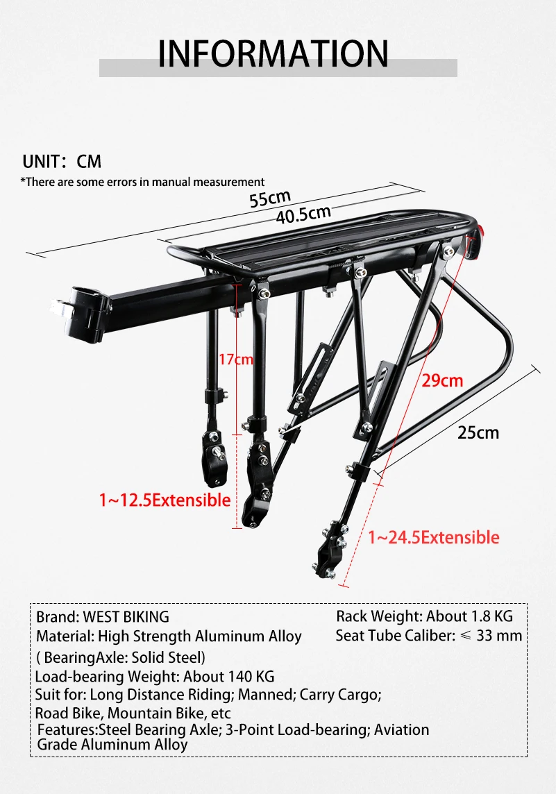 WEST BIKING, велосипедная багажная переноска, задняя стойка для велосипеда, алюминиевый сплав, велосипедная Подседельный штырь, сумка, держатель, подставка, 140 кг, максимальная велосипедная стойка