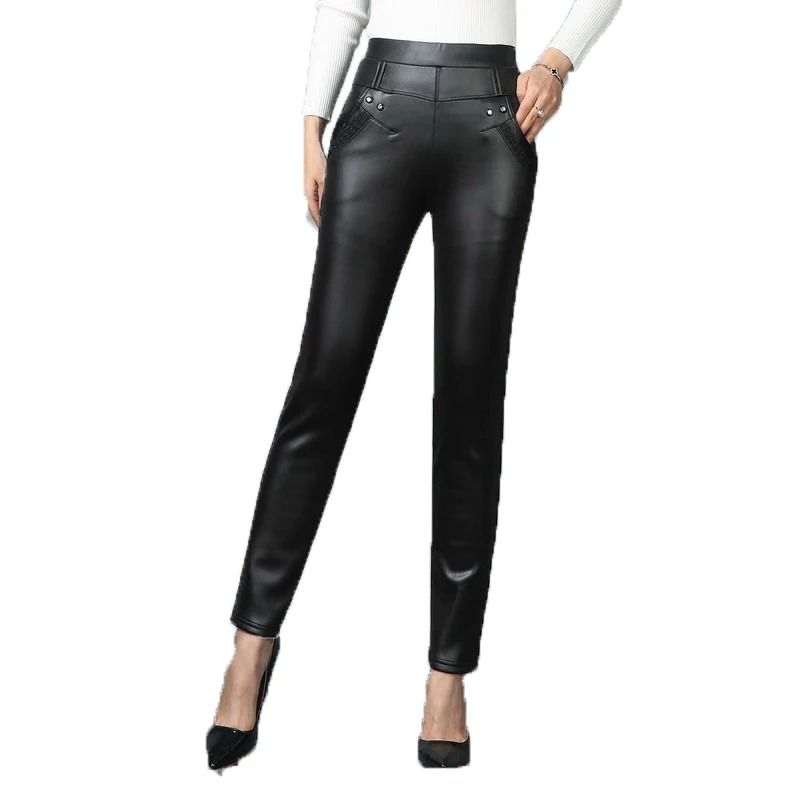 Women Slim Fit Pu Leather Pants Black Trousers Woman Spring Autumn