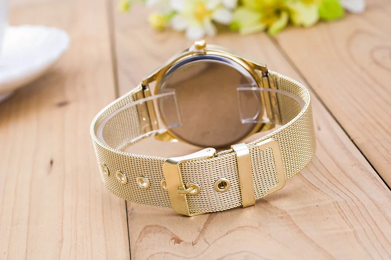Женева золотые часы женские Для женщин девочек Бизнес часы Элитный бренд Нержавеющая сталь кварцевые наручные часы Повседневное часы 100 шт./лот