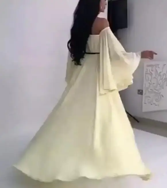 Bateau Hi-Lo Evening Dresses Off-Shoulder Long Flare Sleeves Waist Hand Made Flowers Sexy Backless Ruched Sweep Train Party Prom Gown11