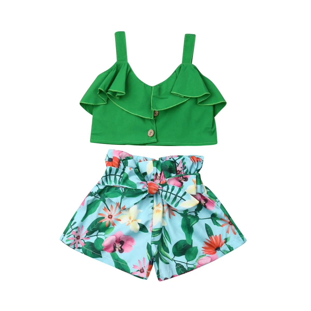 Emmaaby/брендовый жилет с цветочным рисунком для маленьких девочек топы без рукавов с открытыми плечами и оборками, шорты с цветочным рисунком, комплекты одежды - Цвет: Зеленый