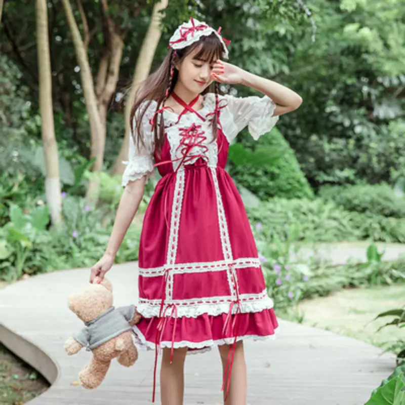 Женское платье лолиты без рукавов платье с кружевной оборкой Высокая талия сладкий стиль платье с Hariband для молодых девушек